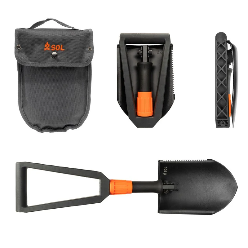 Packable Field Shovel open closed side view bag white background